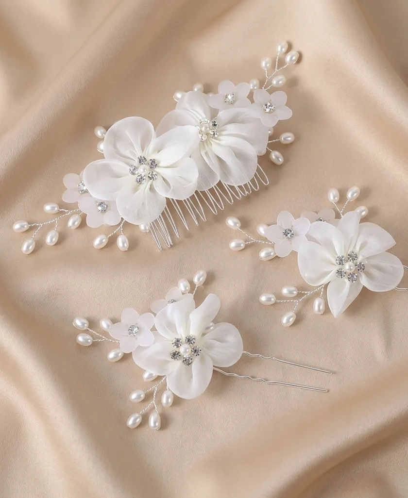 Off-White Floral Hair Comb & Pin Set